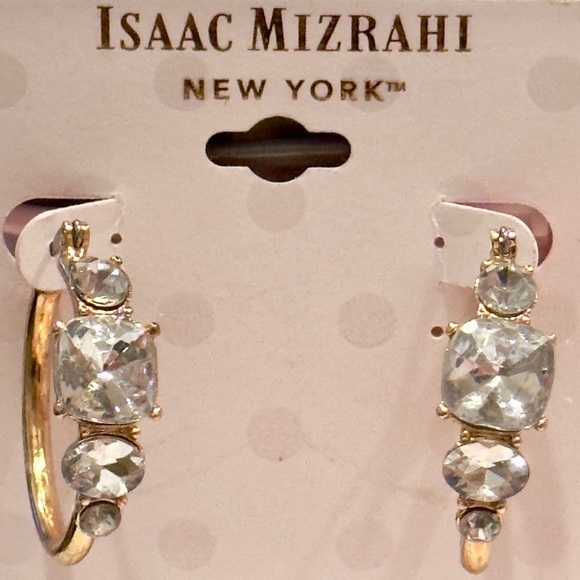ISAAC MIZRAHI Gold Tone Crystal Hoop Earrings - Picture 1 of 8
